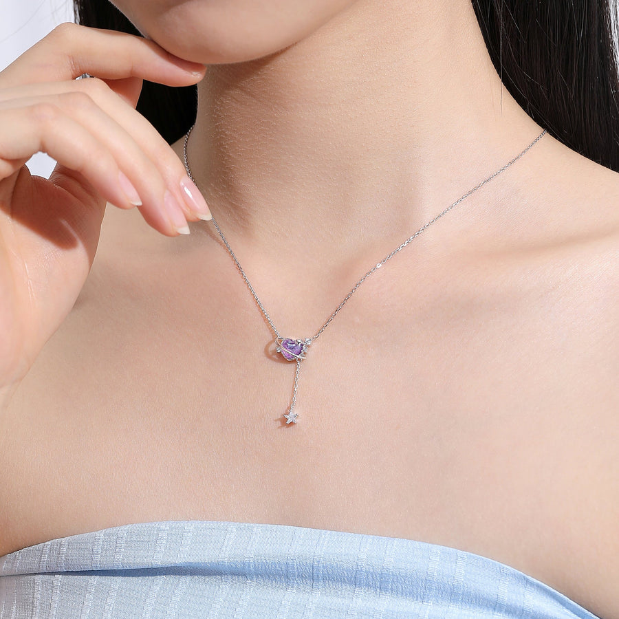 Aurora Purple Heart Dangling Star Necklace 925 Silver