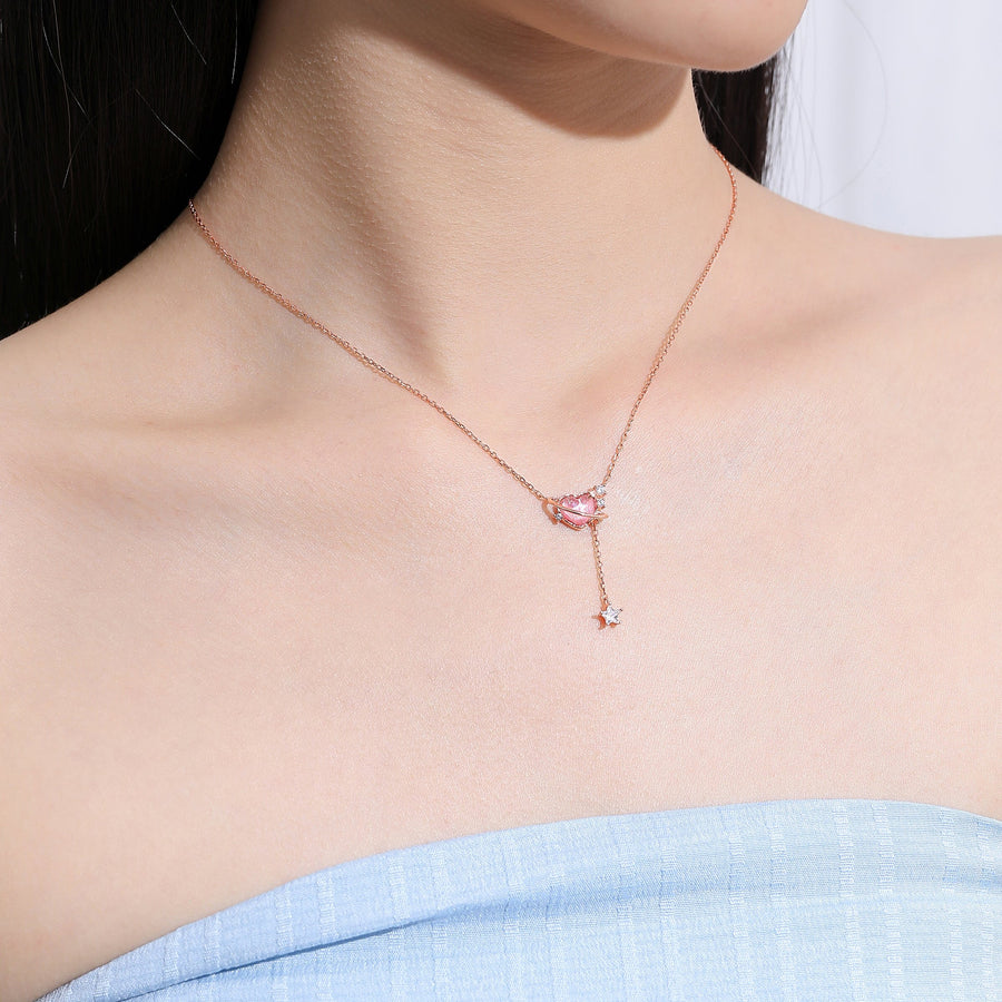 Aurora Pink Heart Dangling Star Necklace 925 Silver