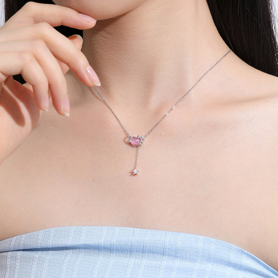 Aurora Pink Heart Dangling Star Necklace 925 Silver