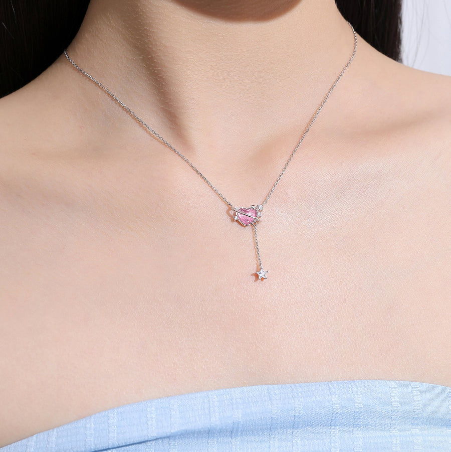 Aurora Pink Heart Dangling Star Necklace 925 Silver