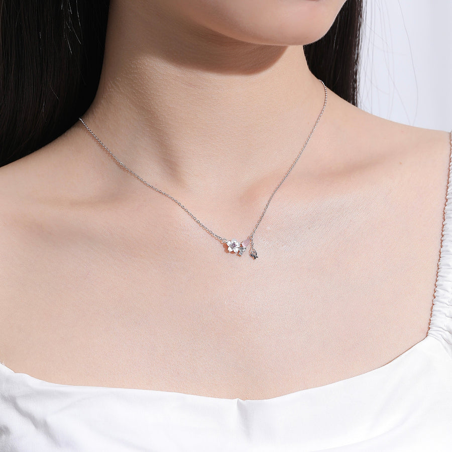 Dainty Sakura Dangling Butterfly Necklace 925 Silver