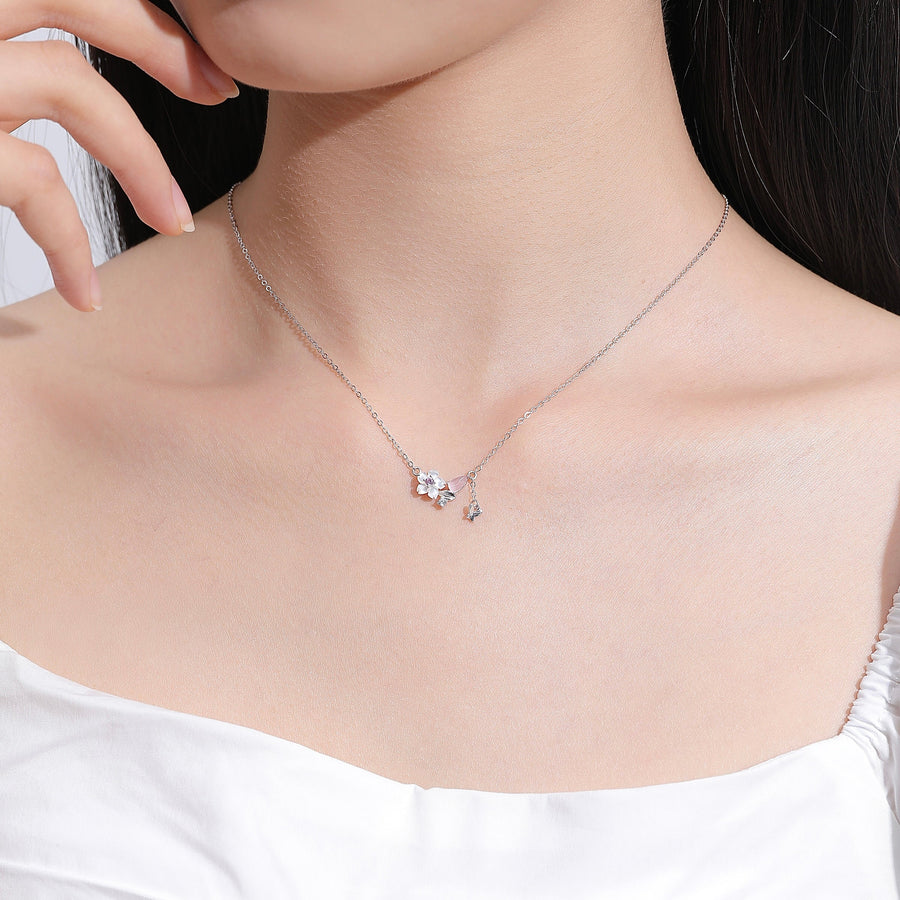 Dainty Sakura Dangling Butterfly Necklace 925 Silver