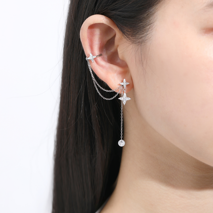 Fiona Dangling Earrings & Cuff Set 925 Silver (Two Ways Wearing)