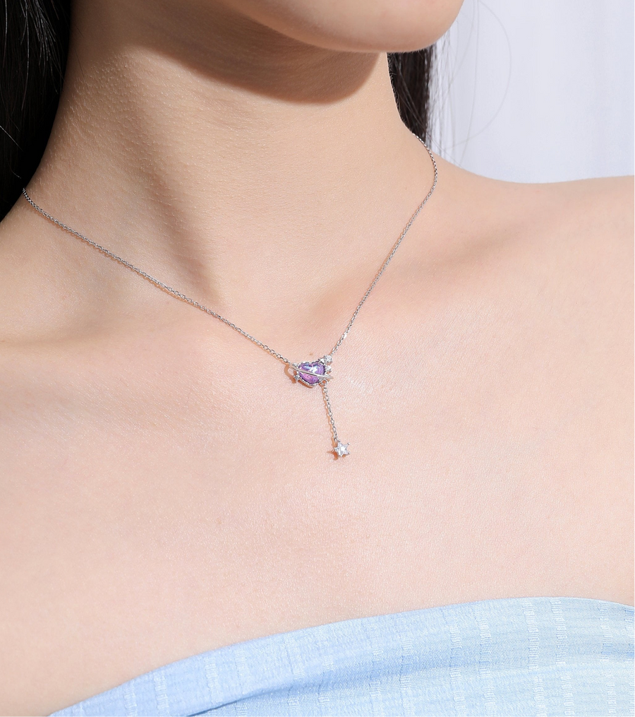 Aurora Purple Heart Dangling Star Necklace 925 Silver