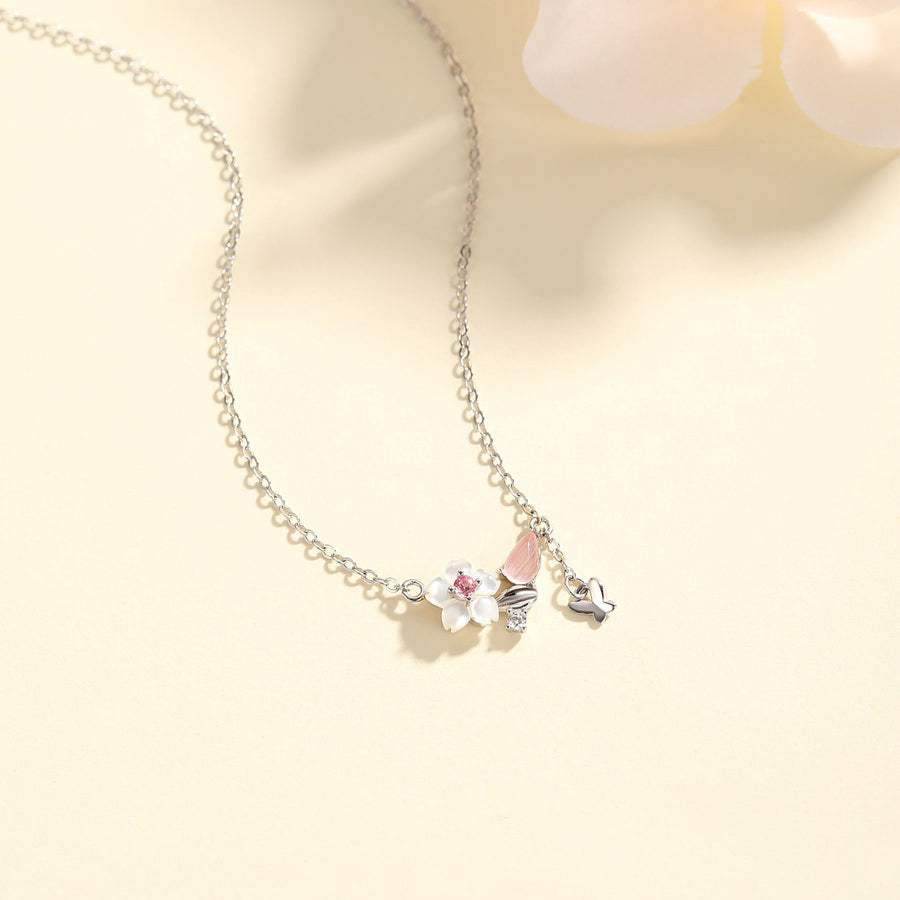 Dainty Sakura Dangling Butterfly Necklace 925 Silver