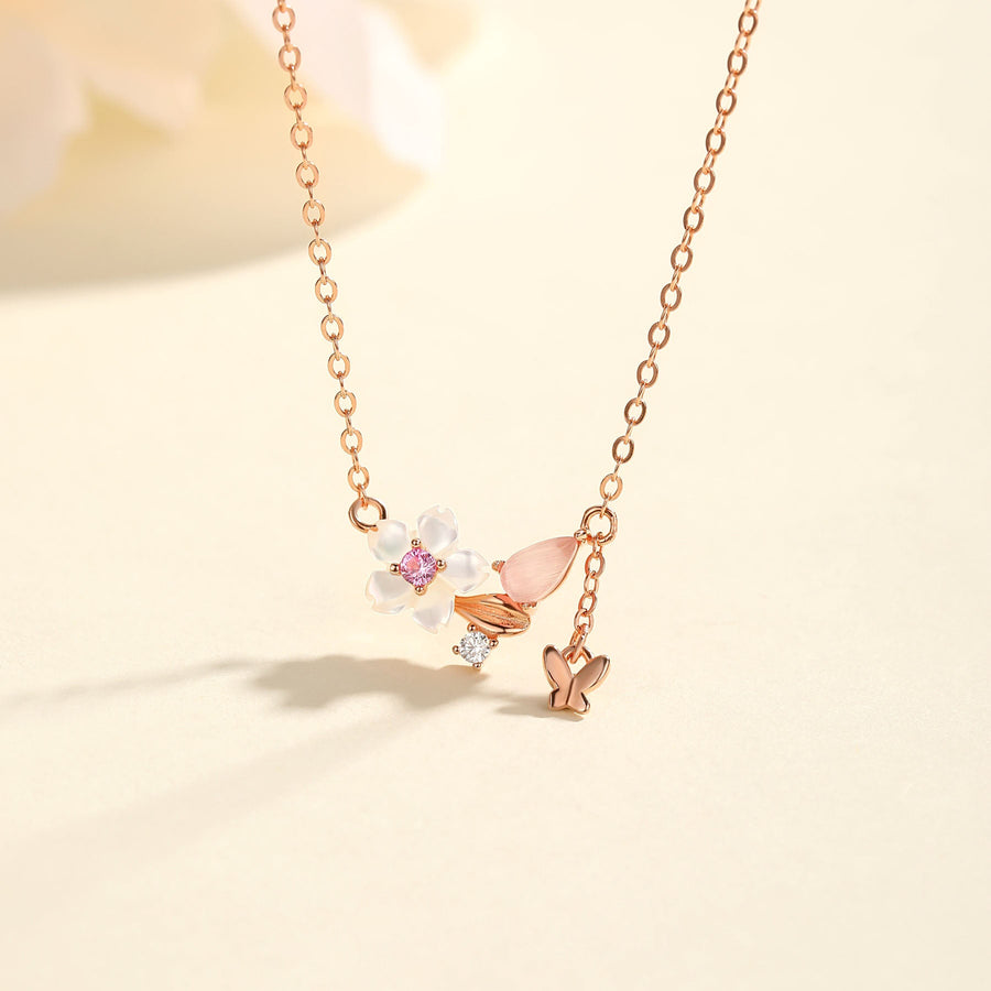 Dainty Sakura Dangling Butterfly Necklace 925 Silver