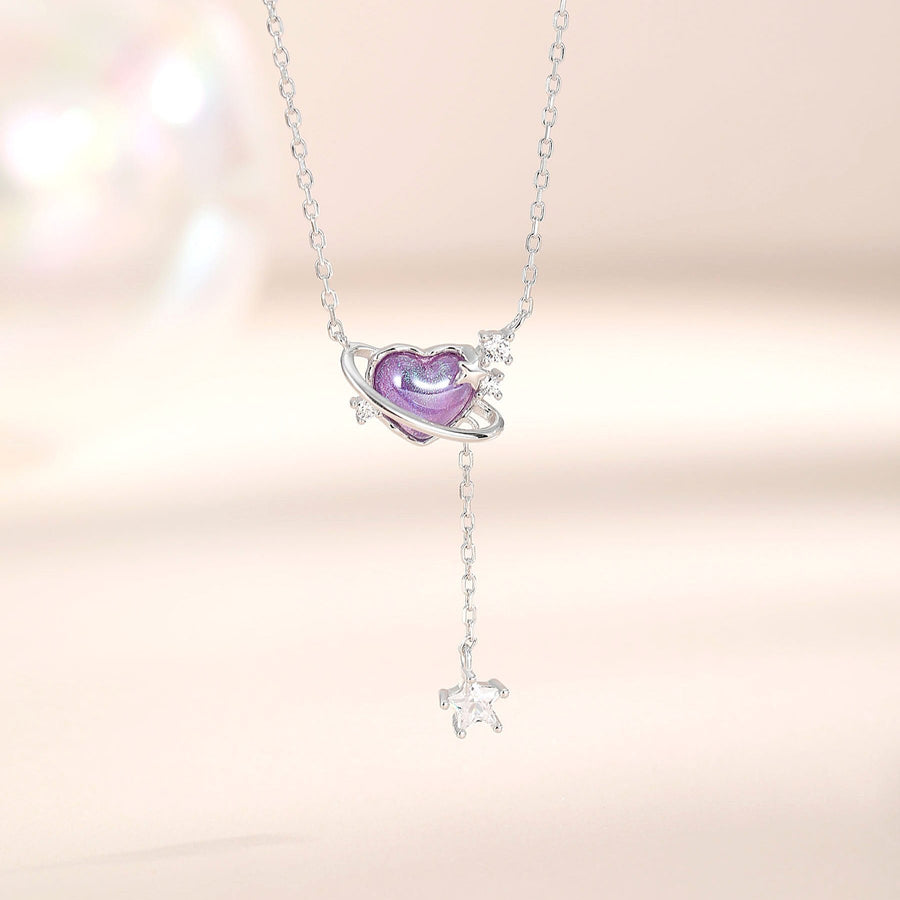 Aurora Purple Heart Dangling Star Necklace 925 Silver