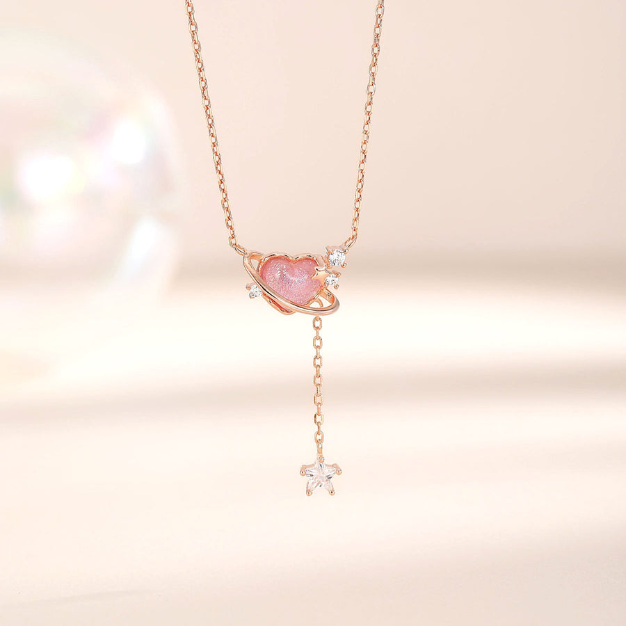 Aurora Pink Heart Dangling Star Necklace 925 Silver