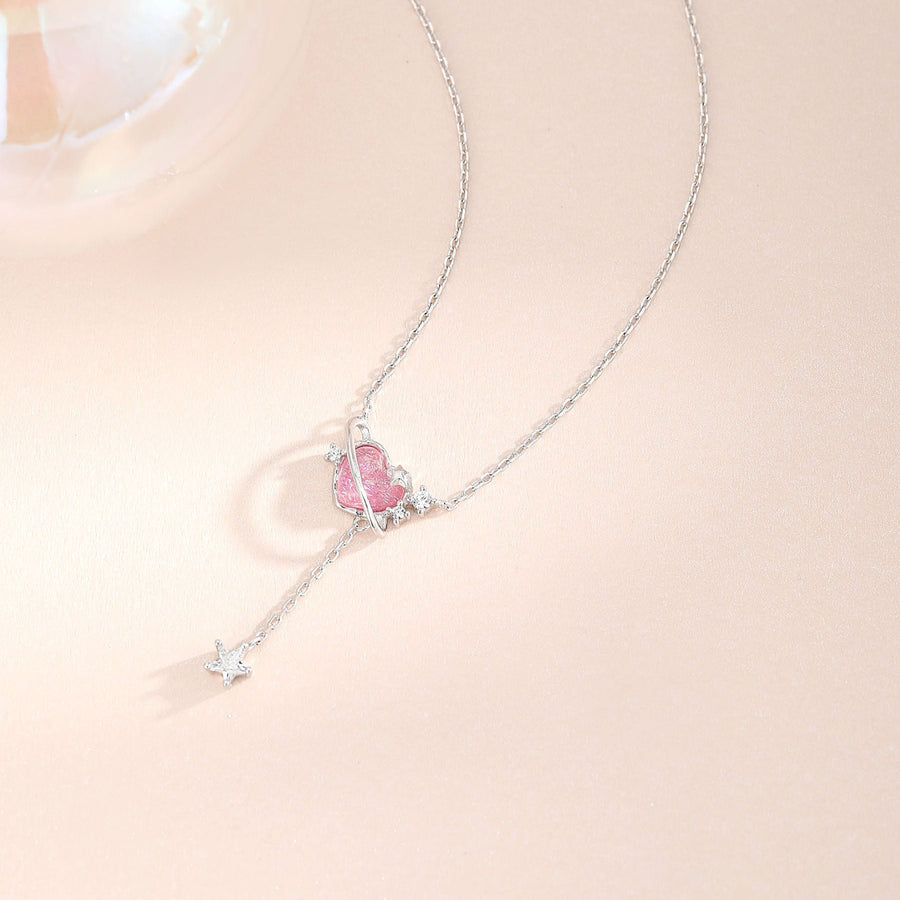 Aurora Pink Heart Dangling Star Necklace 925 Silver