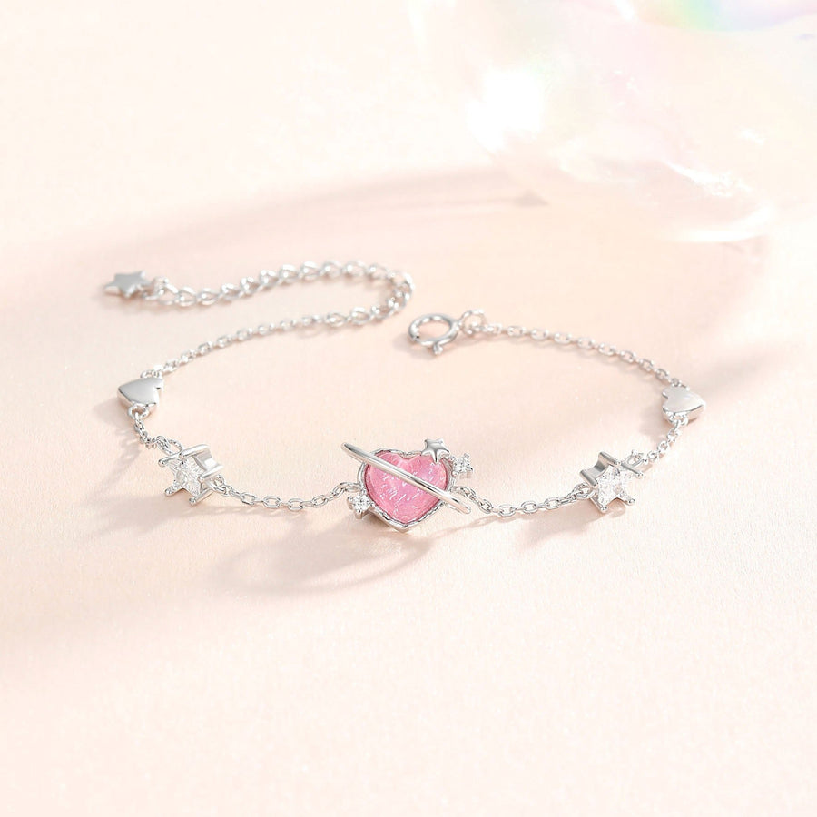 Aurora Pink Heart Star Bracelet 925 Silver