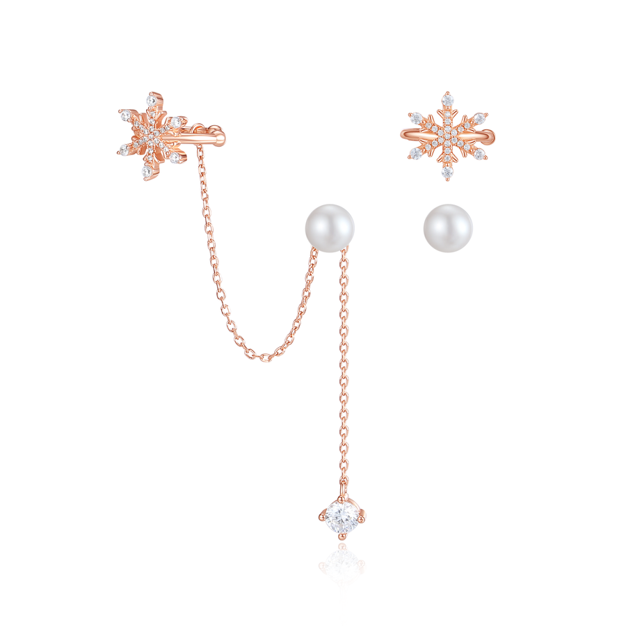 Snowflake Dangling Pearl Earrings & Cuff Set 925 Silver (Few Ways Wearing)