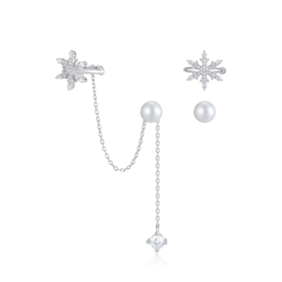 Snowflake Dangling Pearl Earrings & Cuff Set 925 Silver (Few Ways Wearing)