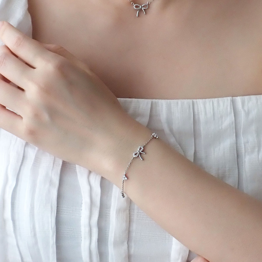 Dainty Heart Ribbon Bracelet 925 Silver